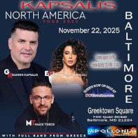 Apollonia Productions presents Giannis Kapsalis & Eirini Papadopoulou Live in Baltimore with Makis Tsikos on Saturday, 11/22/2025, at Greektown Square in Baltimore, MD. Reserved Table Seating and General Admission SRO tickets now on sale at DCGreeks.com! Click here for details!