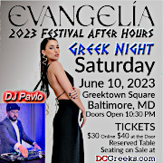 St. Nicholas Greek Festival presents Evangelia live at  Greektown Square on Saturday, June 10, 2023 for its Saturday Afterhours Greek Night! Reserved table seating now on sale at DCGreeks.com!