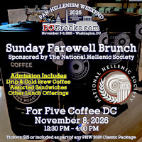 DCGreeks.com Pan-Hellenism Weekend 2026 concludes with a Sunday Farewell Brunch at For Five Coffee Roasters DC in Washington, DC on 11/8/26 from 12:30 PM - 4:00 PM, sponsored by the National Hellenic Society. Click here for details!