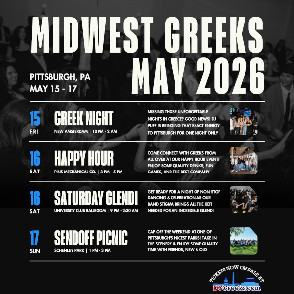 Join Greeks and Philhellenes from over the Midwest and beyond from 5/15/26 - 5/17/26 in Pittsburgh, PA for three days of parties at the third annual Midwest Greeks event!  Ticket packages are now on sale exclusively at DCGreeks.com! Click here for details!