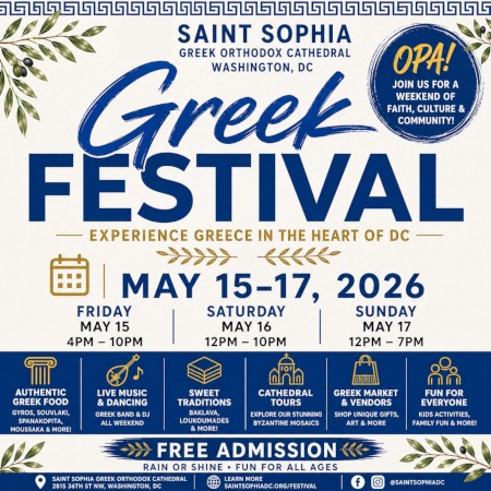 Saint Sophia Cathedral's Greek Festival returns May 15–17, 2026! Enjoy Greek food, pastries, live music, dancing, cathedral tours, kids activities, and more! Free admission—rain or shine!